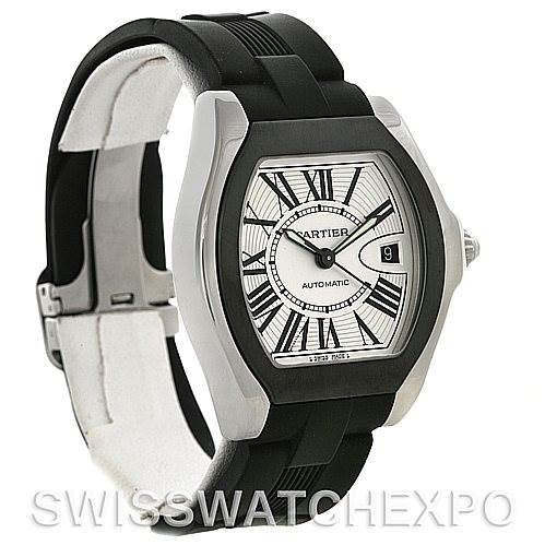 This image shows a side angle of the Cartier Roadster W6206018 Men's Stainless Steel Silver Dial W6206018 Men's Stainless Steel Silver Dial watch, with visible dial, case, crown, and black strap.