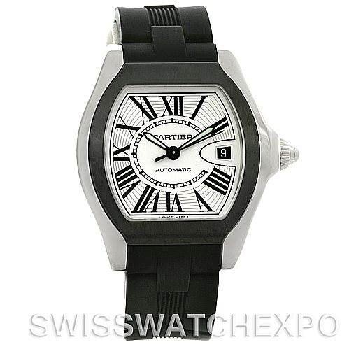 This image shows a front view of the Cartier Roadster W6206018 Men's Stainless Steel Silver Dial W6206018 Men's Stainless Steel Silver Dial watch, highlighting its face, bezel, strap, and date window.