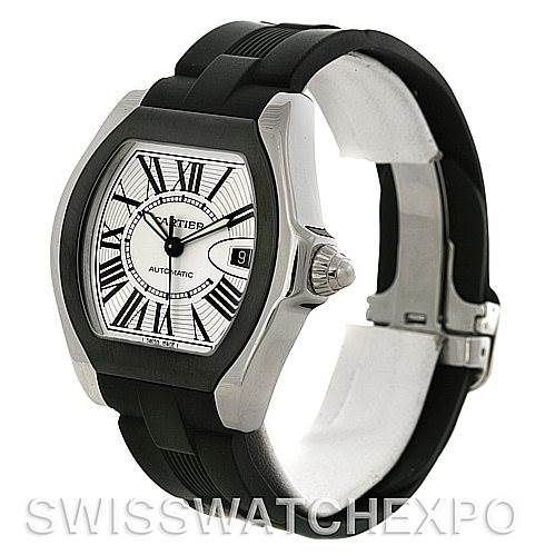 This image shows a Cartier Roadster W6206018 Men's Stainless Steel Silver Dial W6206018 Men's Stainless Steel Silver Dial watch at a slight angle, highlighting its face, bezel, crown, and strap.