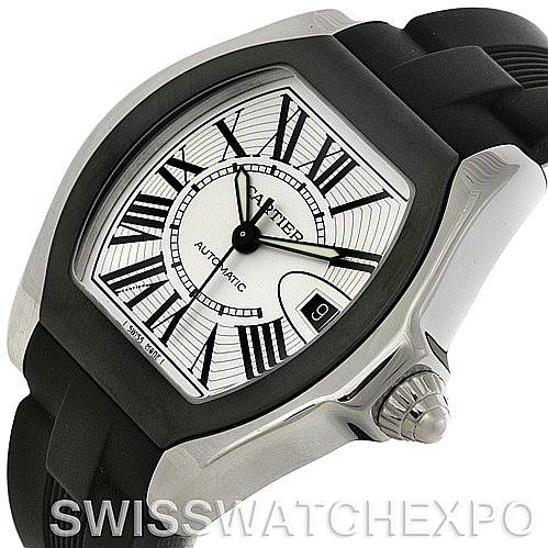 The image showcases a Cartier Roadster W6206018 Men's Stainless Steel Silver Dial W6206018 Men's Stainless Steel Silver Dial model watch from an angled view, highlighting the face, bezel, crown, and part of the band.