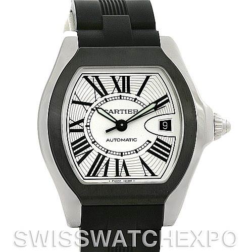 The image shows a front view of a Cartier Roadster W6206018 Men's Stainless Steel Silver Dial W6206018 Men's Stainless Steel Silver Dial watch with visible roman numerals, date window, and black strap.