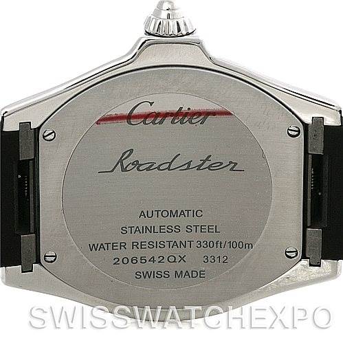 The image shows the back case of a Cartier Roadster W6206018 Men's Stainless Steel Silver Dial W6206018 Men's Stainless Steel Silver Dial watch, detailing its specifications and branding.