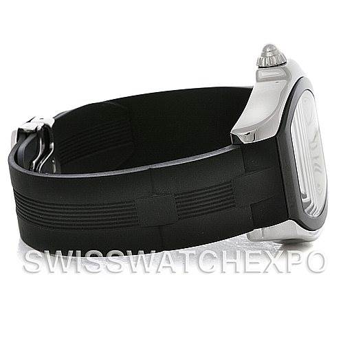 This image shows a Cartier Roadster W6206018 Men's Stainless Steel Silver Dial W6206018 Men's Stainless Steel Silver Dial model watch from a rear side angle, highlighting its black strap and partial case.