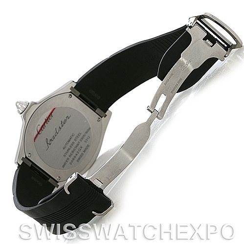 The image shows the back view of a Cartier Roadster W6206018 Men's Stainless Steel Silver Dial W6206018 Men's Stainless Steel Silver Dial watch with an open clasp and visible branding.