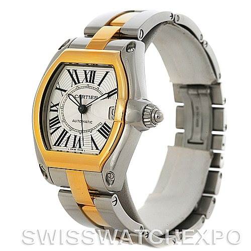 This image shows a side-angle view of the Cartier Roadster W62031Y4 Men's Steel and Gold (two tone) Silver Dial W62031Y4 Men's Steel and Gold (two tone) Silver Dial watch, highlighting the bezel, face, crown, and metal bracelet.