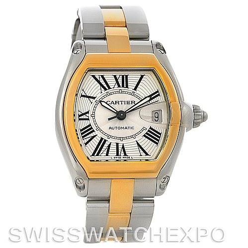 This image shows a front view of the Cartier Roadster W62031Y4 Men's Steel and Gold (two tone) Silver Dial W62031Y4 Men's Steel and Gold (two tone) Silver Dial watch, highlighting its two-tone bracelet and distinctive dial.
