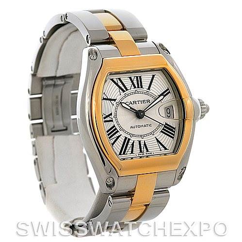 The image shows a Cartier Roadster W62031Y4 Men's Steel and Gold (two tone) Silver Dial W62031Y4 Men's Steel and Gold (two tone) Silver Dial watch at an angled front view displaying the face, bezel, and part of the bracelet.