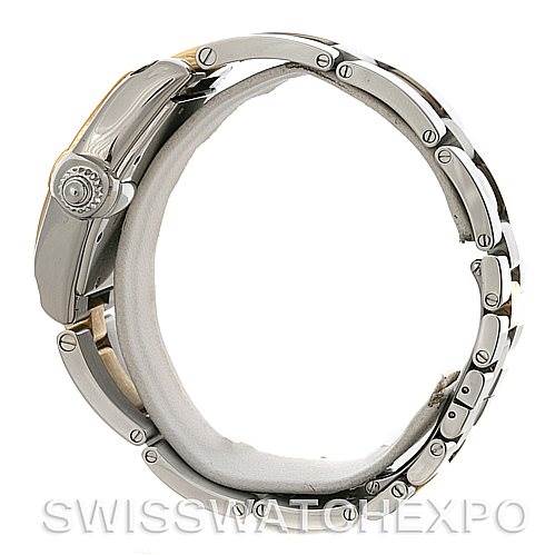 This image showcases a side view of the Cartier Roadster W62031Y4 Men's Steel and Gold (two tone) Silver Dial W62031Y4 Men's Steel and Gold (two tone) Silver Dial watch, focusing on its case, crown, and bracelet.