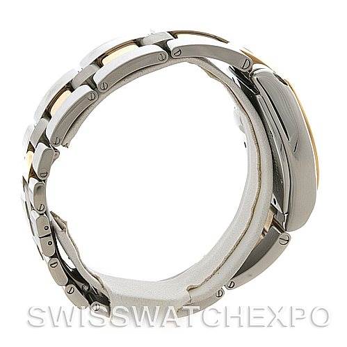 The image shows the side profile of the Cartier Roadster W62031Y4 Men's Steel and Gold (two tone) Silver Dial W62031Y4 Men's Steel and Gold (two tone) Silver Dial watch, highlighting its metal bracelet and case.