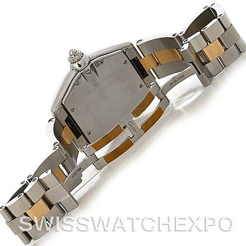 The image shows the backside of the Cartier Roadster W62031Y4 Men's Steel and Gold (two tone) Silver Dial W62031Y4 Men's Steel and Gold (two tone) Silver Dial watch, highlighting the bracelet and clasp mechanism.