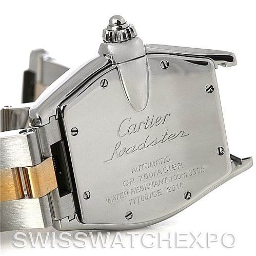 The image shows the back case and crown of the Cartier Roadster W62031Y4 Men's Steel and Gold (two tone) Silver Dial W62031Y4 Men's Steel and Gold (two tone) Silver Dial watch with details about its features and specifications.