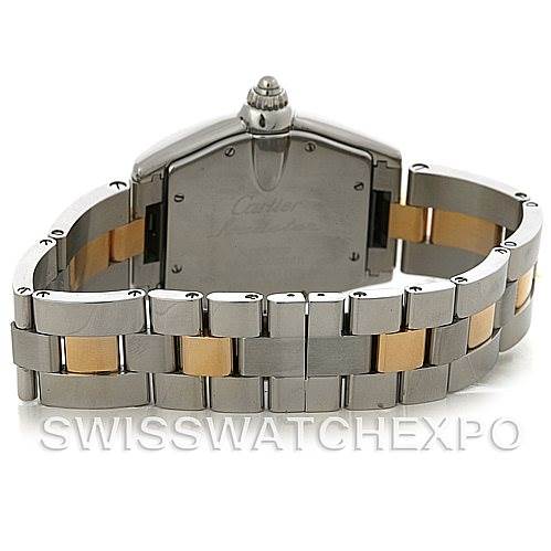 The image shows the back view of a Roadster watch by Cartier, focusing on its stainless steel and gold bracelet.