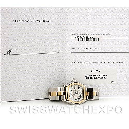 The image shows a Cartier Roadster W62031Y4 Men's Steel and Gold (two tone) Silver Dial W62031Y4 Men's Steel and Gold (two tone) Silver Dial watch facing forward with its certificate and authorized agency card.