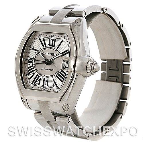This image shows a Cartier Roadster W62032X6 Men's Stainless Steel Silver Dial W62032X6 Men's Stainless Steel Silver Dial watch from a high-angle view, highlighting the face, bezel, crown, and part of the bracelet.