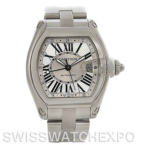 The image shows a frontal view of a Cartier Roadster W62032X6 Men's Stainless Steel Silver Dial W62032X6 Men's Stainless Steel Silver Dial watch, displaying its dial, bracelet, and crown.