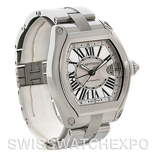 This is an angled front view of a Cartier Roadster W62032X6 Men's Stainless Steel Silver Dial W62032X6 Men's Stainless Steel Silver Dial watch showing the face, bezel, crown, and bracelet.