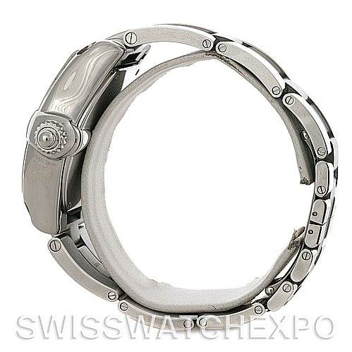 This image shows a side view of the Cartier Roadster W62032X6 Men's Stainless Steel Silver Dial W62032X6 Men's Stainless Steel Silver Dial watch, highlighting its crown, case, and bracelet.