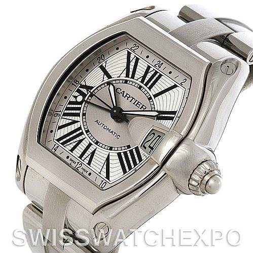 The image shows a three-quarter angled view of the Cartier Roadster W62032X6 Men's Stainless Steel Silver Dial W62032X6 Men's Stainless Steel Silver Dial watch, highlighting the face, date window, and part of the bracelet.