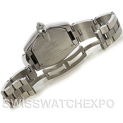 The image shows the back case and bracelet of a Cartier Roadster W62032X6 Men's Stainless Steel Silver Dial W62032X6 Men's Stainless Steel Silver Dial watch viewed from an underside angle.
