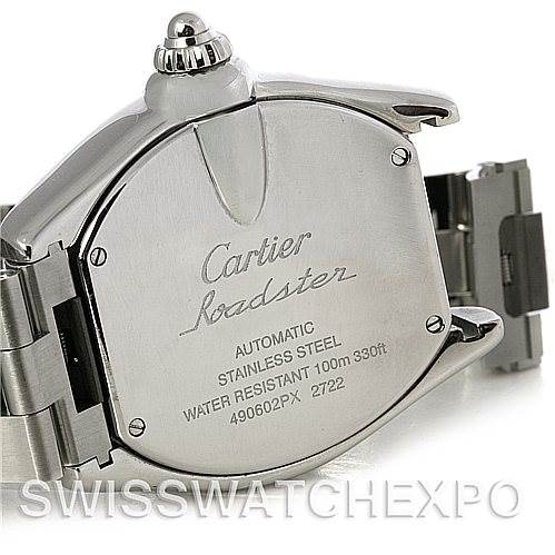 The image shows the back case of a Cartier Roadster W62032X6 Men's Stainless Steel Silver Dial W62032X6 Men's Stainless Steel Silver Dial watch, highlighting its stainless steel construction and engraved details.