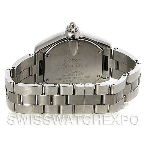 This image shows the back and bracelet of a Cartier Roadster W62032X6 Men's Stainless Steel Silver Dial W62032X6 Men's Stainless Steel Silver Dial watch, focusing on the stainless steel case and band.