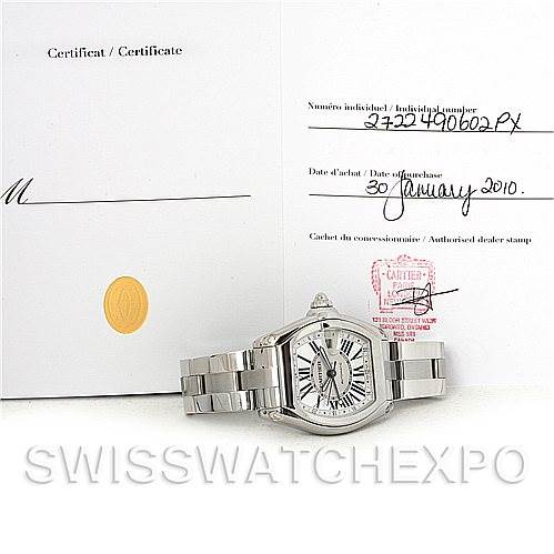 The image shows a Cartier Roadster W62032X6 Men's Stainless Steel Silver Dial W62032X6 Men's Stainless Steel Silver Dial watch and its certificate, viewed from the front with the bracelet and dial visible.