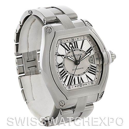 This Cartier Roadster W62032X6 Men's Stainless Steel Silver Dial W62032X6 Men's Stainless Steel Silver Dial watch is shown at a three-quarter angle, displaying its face, bezel, and part of the bracelet.