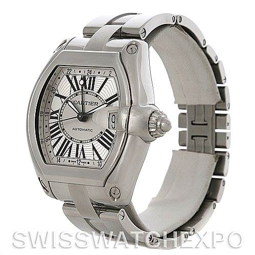 The image shows a side angle of the Cartier Roadster W62032X6 Men's Stainless Steel Silver Dial W62032X6 Men's Stainless Steel Silver Dial watch, highlighting its dial, crown, and metal bracelet.