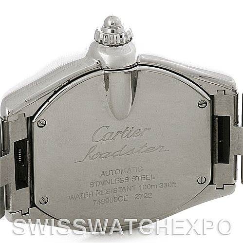 This image shows the back of a Cartier Roadster W62032X6 Men's Stainless Steel Silver Dial W62032X6 Men's Stainless Steel Silver Dial watch, highlighting its case back with branding and specifications.