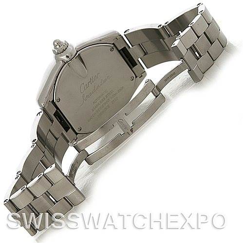 The image shows the back case and bracelet of a Cartier Roadster W62032X6 Men's Stainless Steel Silver Dial W62032X6 Men's Stainless Steel Silver Dial watch from an angled top-down perspective.