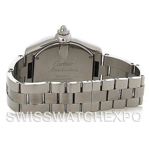 The image shows the back view of the Cartier Roadster W62032X6 Men's Stainless Steel Silver Dial W62032X6 Men's Stainless Steel Silver Dial watch, highlighting its stainless steel case and bracelet.