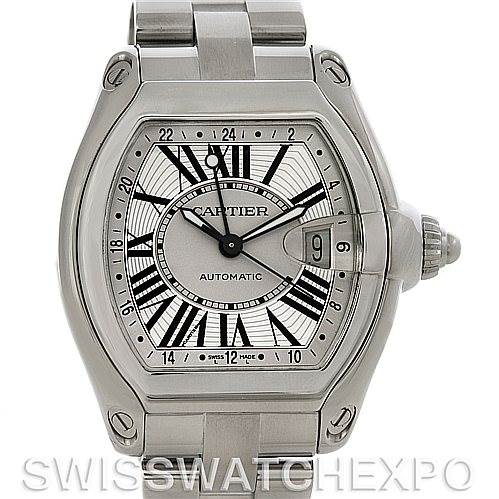 This image shows a front view of a Cartier Roadster W62032X6 Men's Stainless Steel Silver Dial W62032X6 Men's Stainless Steel Silver Dial watch, highlighting its dial, bezel, and bracelet.