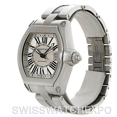 The image shows a Cartier Roadster W62032X6 Men's Stainless Steel Silver Dial W62032X6 Men's Stainless Steel Silver Dial watch from a right-side angle, highlighting the dial, bezel, and bracelet.