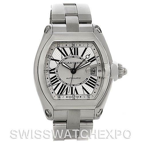Front view of the Cartier Roadster W62032X6 Men's Stainless Steel Silver Dial W62032X6 Men's Stainless Steel Silver Dial model watch, displaying the dial, case, and bracelet.