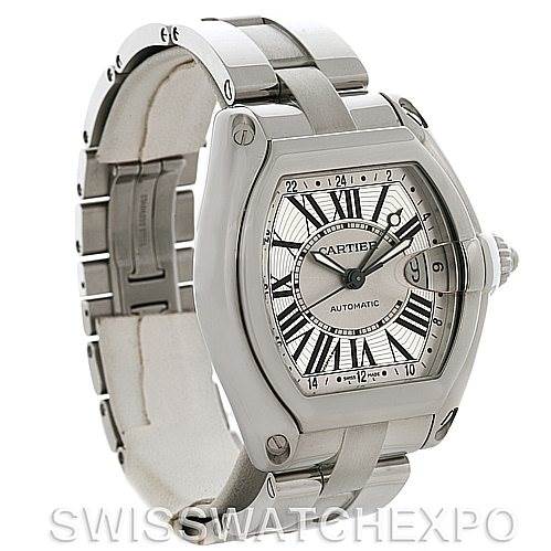 The image shows a Cartier Roadster W62032X6 Men's Stainless Steel Silver Dial W62032X6 Men's Stainless Steel Silver Dial watch at an angle displaying the face, bracelet, and crown.