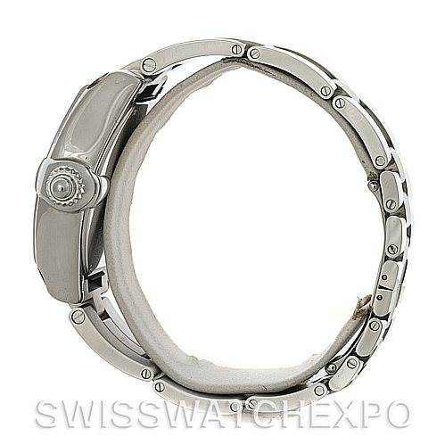 The image shows a side view of a Cartier Roadster W62032X6 Men's Stainless Steel Silver Dial W62032X6 Men's Stainless Steel Silver Dial watch, highlighting its case, crown, and metal bracelet.