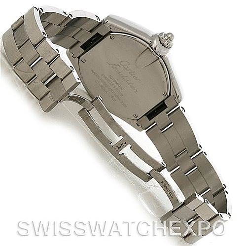 The image shows the back case and bracelet of a Cartier Roadster W62032X6 Men's Stainless Steel Silver Dial W62032X6 Men's Stainless Steel Silver Dial watch, highlighting the clasp and inscriptions on the case back.