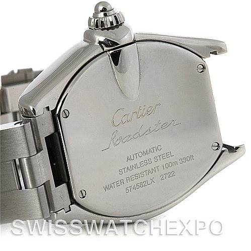 The image shows the back case of the Roadster model by Cartier, including the crown, lugs, and part of the stainless steel bracelet.