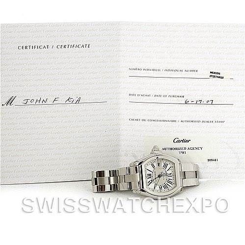 The image shows a Cartier Roadster W62032X6 Men's Stainless Steel Silver Dial W62032X6 Men's Stainless Steel Silver Dial watch laid flat, alongside its certification and purchase documents.