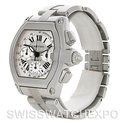 This image shows a side view of the Cartier Roadster W62019X6 Men's Stainless Steel Silver Dial W62019X6 Men's Stainless Steel Silver Dial watch, highlighting the case, dial, crown, and bracelet.