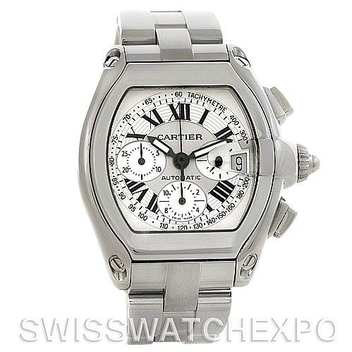 The image shows a front view of the Cartier Roadster W62019X6 Men's Stainless Steel Silver Dial W62019X6 Men's Stainless Steel Silver Dial watch, highlighting its dial, case, bracelet, and pushers.