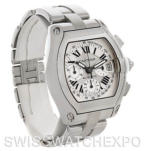 The image shows a Cartier Roadster W62019X6 Men's Stainless Steel Silver Dial W62019X6 Men's Stainless Steel Silver Dial watch at a three-quarter view angle, highlighting its dial, date, and crown sides.