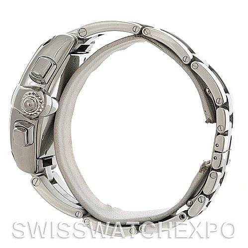 This image shows a side view of a Cartier Roadster W62019X6 Men's Stainless Steel Silver Dial W62019X6 Men's Stainless Steel Silver Dial watch, highlighting the case, crown, and part of the bracelet.