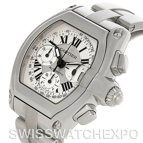 This image shows a close-up, angled view of the Cartier Roadster W62019X6 Men's Stainless Steel Silver Dial W62019X6 Men's Stainless Steel Silver Dial watch, showcasing its dial, case, crown, and part of the bracelet.