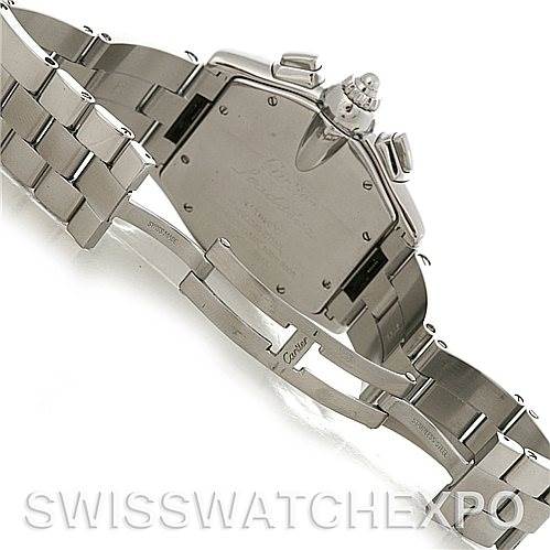 The image shows the back and bracelet clasp of a Cartier Roadster W62019X6 Men's Stainless Steel Silver Dial W62019X6 Men's Stainless Steel Silver Dial watch at an angled view.