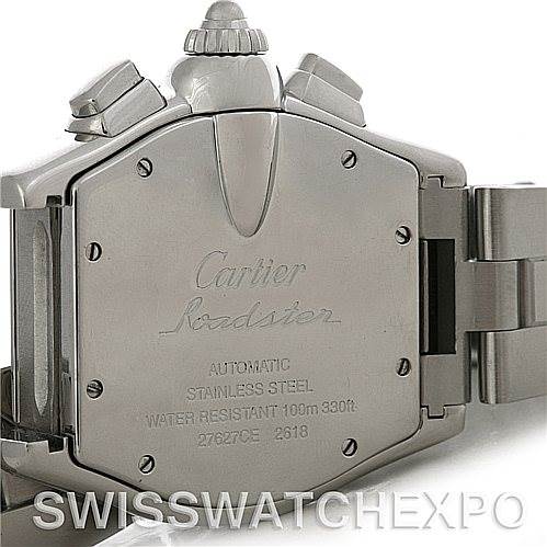 The image shows the back case of the Cartier Roadster W62019X6 Men's Stainless Steel Silver Dial W62019X6 Men's Stainless Steel Silver Dial watch, highlighting its stainless steel construction and automatic movement.