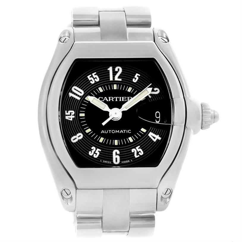 The image shows a frontal view of a Cartier Roadster W62004V3 Men's Stainless Steel Black Dial W62004V3 Men's Stainless Steel Black Dial watch featuring its face, bezel, crown, and part of the bracelet.