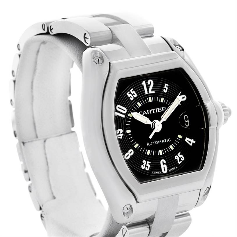 The image shows a Cartier Roadster W62004V3 Men's Stainless Steel Black Dial W62004V3 Men's Stainless Steel Black Dial watch at a slight angle, highlighting the face, crown, and part of the bracelet.