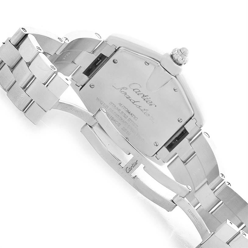 The image shows the backside and clasp of the Cartier Roadster W62004V3 Men's Stainless Steel Black Dial W62004V3 Men's Stainless Steel Black Dial watch, highlighting its stainless steel bracelet and engraved case back.
