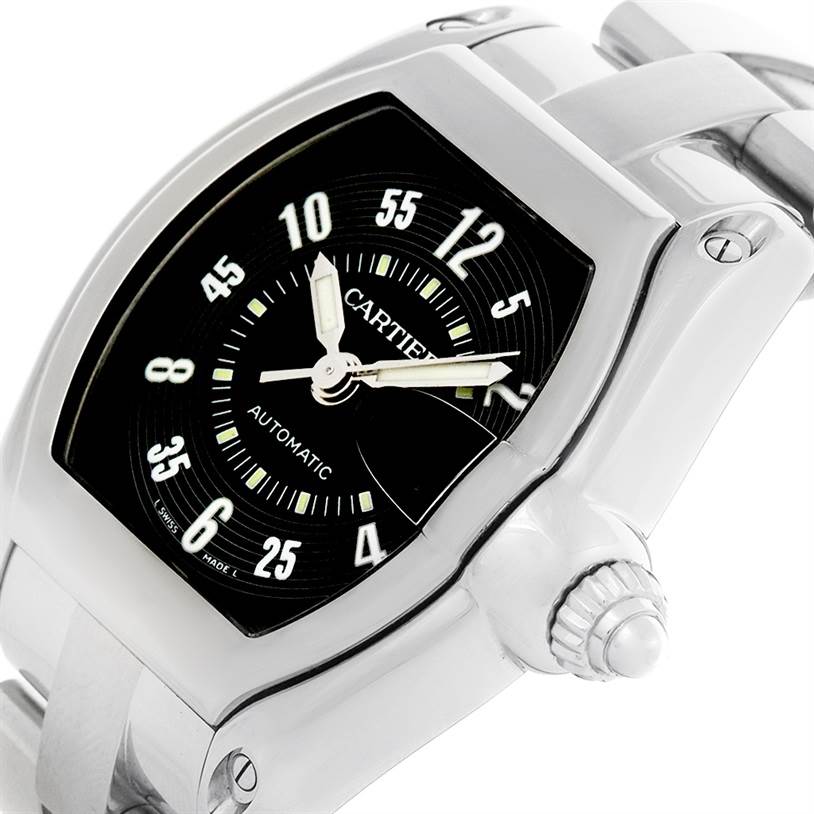 The image shows a close-up of the Cartier Roadster W62004V3 Men's Stainless Steel Black Dial W62004V3 Men's Stainless Steel Black Dial watch face, crown, and part of the bracelet from an angled perspective.